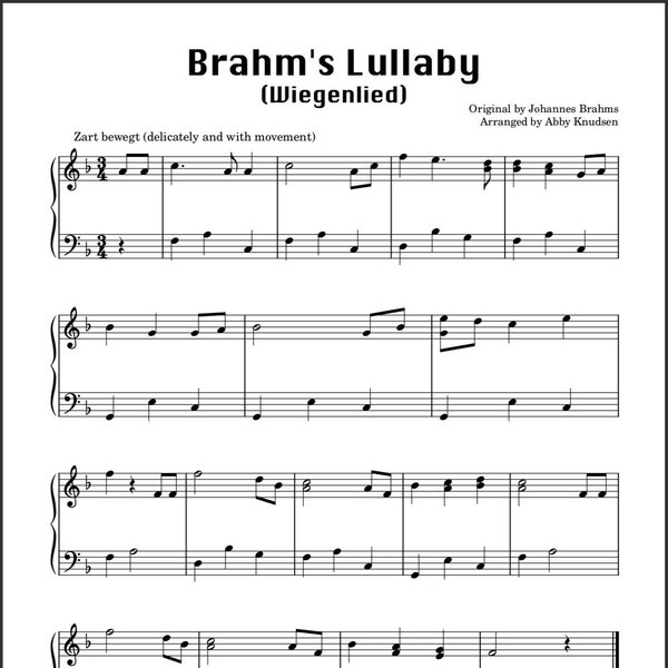 Brahm's Lullaby | Easy Piano Sheet Music - Printable PDF