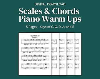 Toonladders en akkoorden Piano-opwarmingen (sleutels van C, G, D, A en E) - Afdrukbare PDF