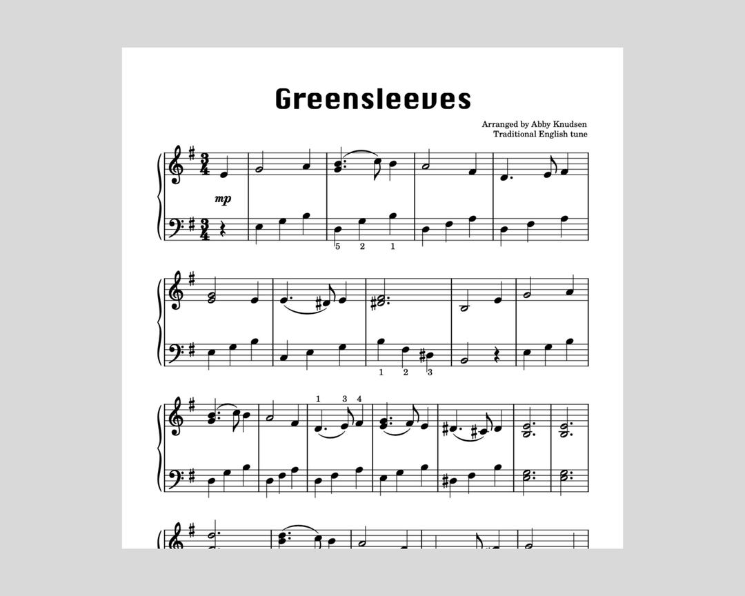 Greensleeves | Easy Christmas Piano Sheet Music - Printable PDF - Etsy