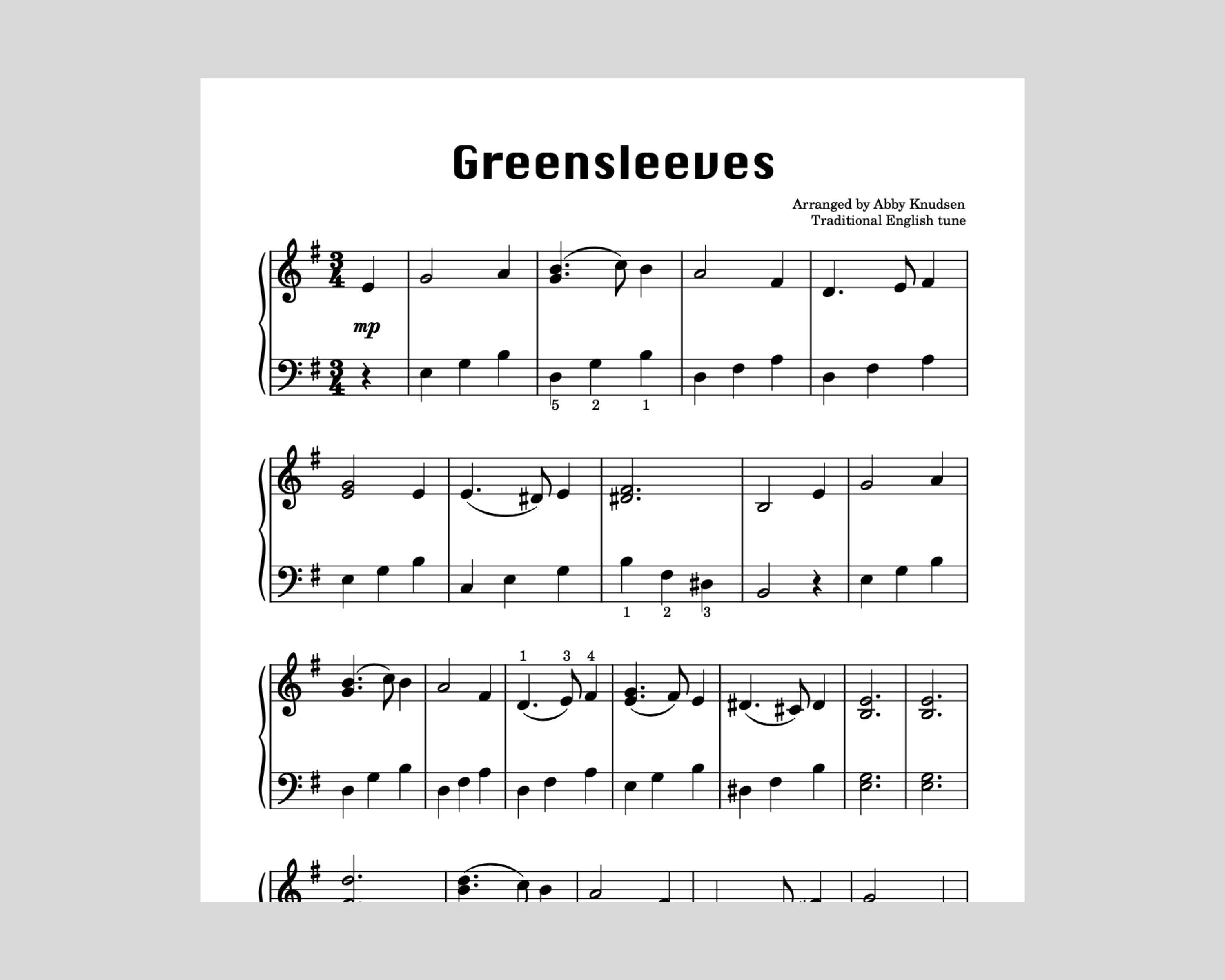 グリーンスリーブス | 簡単クリスマスピアノ楽譜 - 印刷可能なPDF