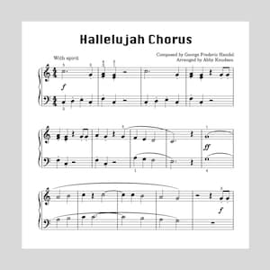 Może przedstawiać: Nutki do "Hallelujah Chorus" z zapisem nutowym na białym tle. Tytuł, kompozytor i aranżer są wyświetlane u góry. Partytura zawiera klucze wiolinowe, nuty i oznaczenia dynamiczne.