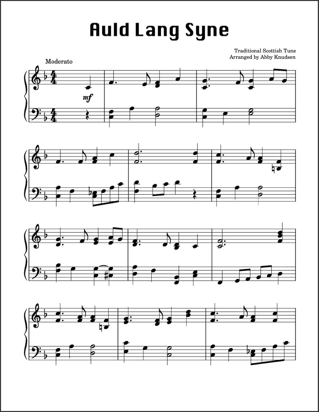 Auld Lang Syne Easyintermediate Piano Sheet Music Printable PDF Etsy