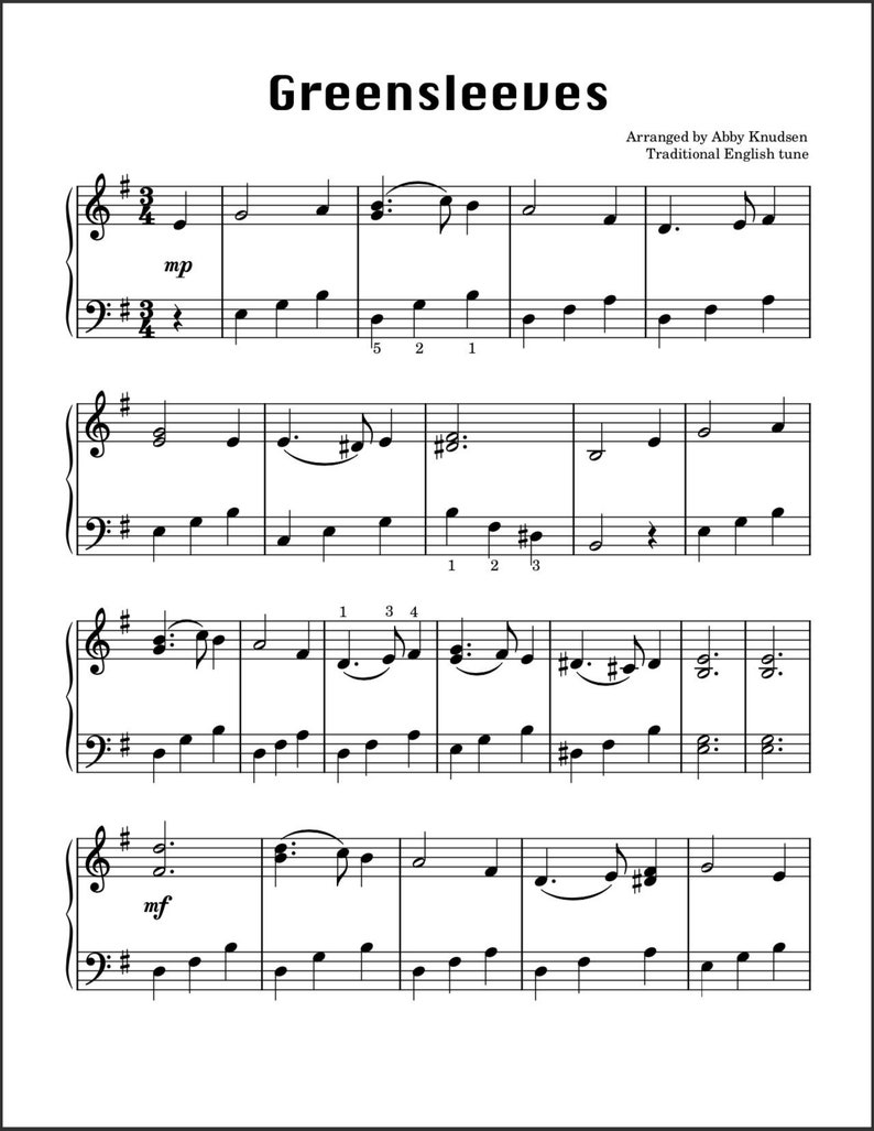 Greensleeves Easy Christmas Piano Sheet Music Printable PDF image 1