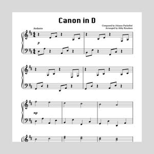 May include: Sheet music for Canon in D by Johann Pachelbel, arranged by Abby Knudsen. The music is written in the key of D major and is in a simple, easy-to-read format.