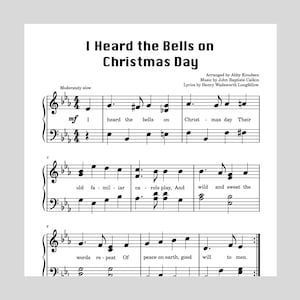 Puede incluir: Partitura musical para la canción "I Heard the Bells on Christmas Day". La música está arreglada por Abby Knudsen, con música de John Baptiste Calkin y letra de Henry Wadsworth Longfellow. La partitura está escrita en la clave de sol y en compás de 4/4.