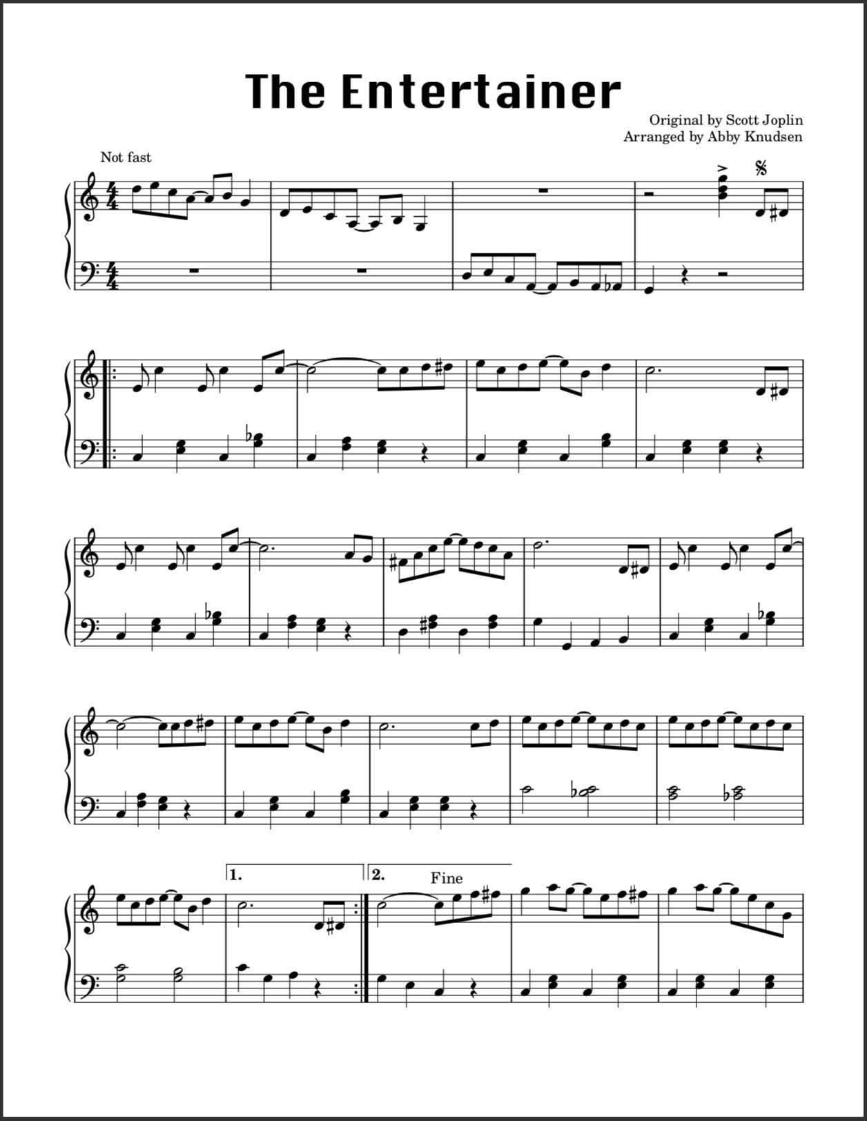 SIMPLIFIED The Entertainer Easy Joplin Piano Sheet Music Printable ...