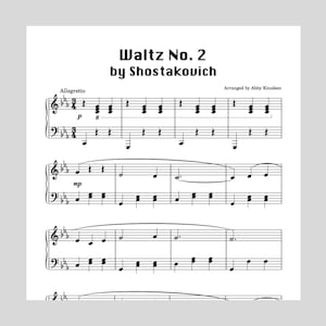 以下が含まれることがあります： アビー・クヌードセン編曲によるショスタコービッチのワルツ第2番の楽譜。音楽はC長調で書かれており、4/4拍子です。テンポはアレグロとして示されています。