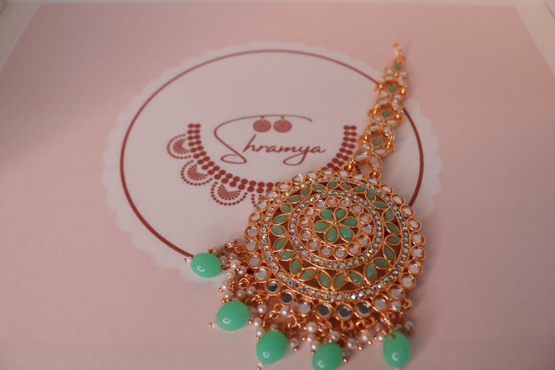 Mint Green and Pink Kundan Polki Necklace with Earrings and Mang Tikka main image 0