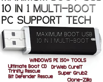 10 in 1 Multi Boot USB PC Support Technician Tool Anti-Virus 100s of TOOLS