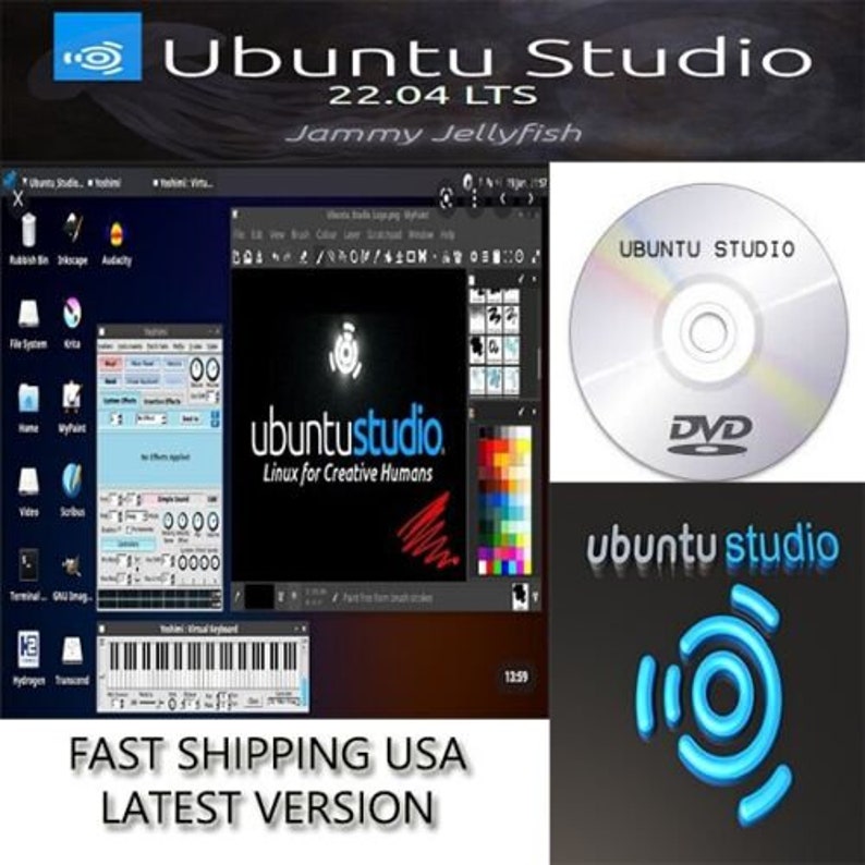 Ubuntu Studio 22.04 DVD Create Beats, Produce Videos,Edit Photos Publish PDF'S same day shipping image 1