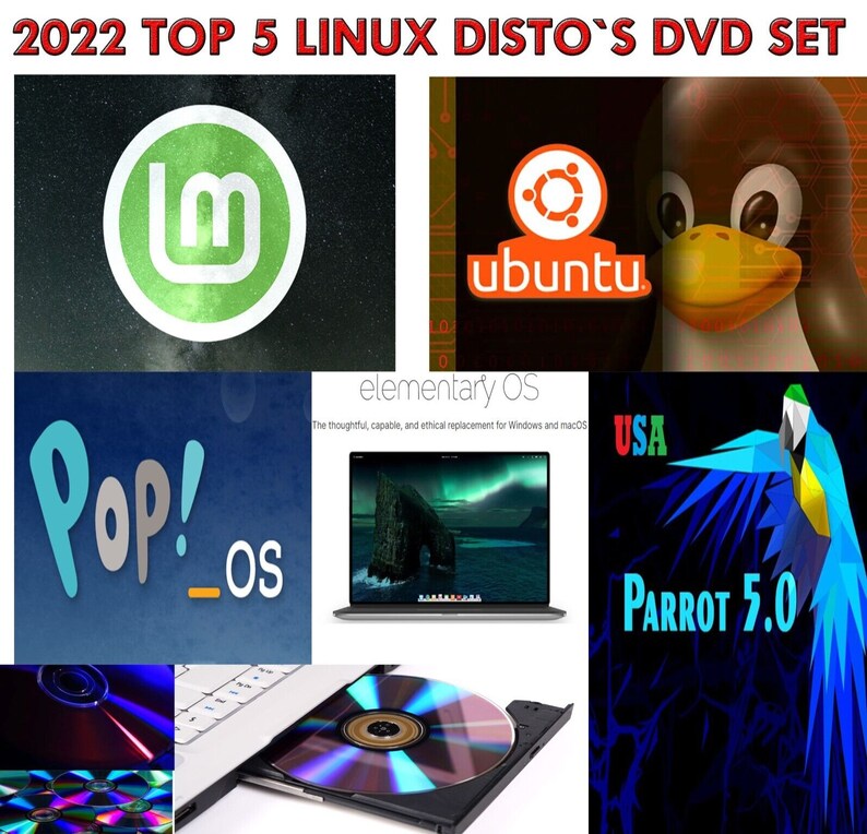 TOP 5 2022 Linux distros 5 DVD Set Ubuntu pop_os Mint Elementary os Parrot Home Same Gay Shipping usa image 1