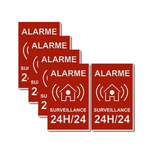 Peut inclure: Cinq panneaux d'alarme rouges et blancs avec le texte "ALARME" et une icône de maison avec un cercle autour. Le texte "SURVEILLANCE 24H/24" est sous l'icône.