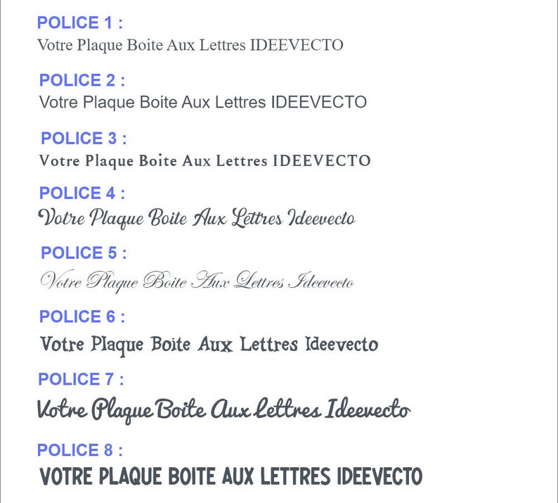 8 polices textes à choisir pour le texte à graver sur la plaque