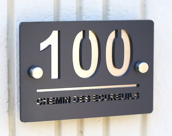 Customizable house number plate in Brushed Aluminum and Acrylic Cut, design and modern home plate