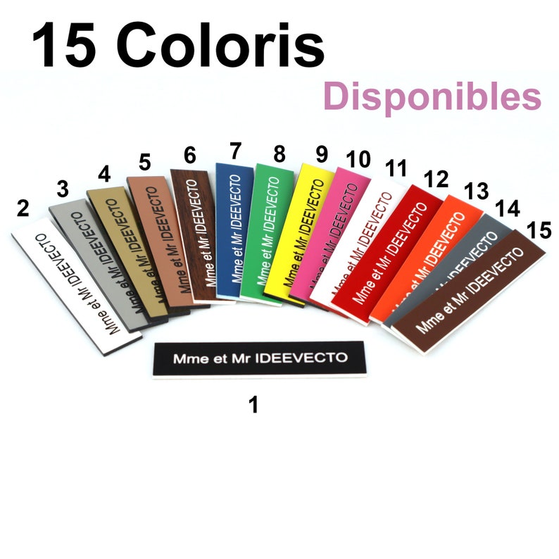 15 coloris disponibles pour le choix de la plaque gravée