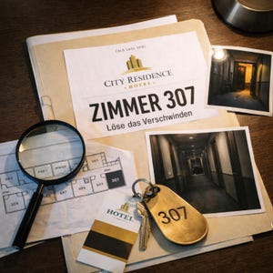 Może przedstawiać: Zestaw przedmiotów do gry detektywistycznej, w tym lupa, klucz hotelowy z numerem 307, zdjęcia korytarzy hotelowych i dokumenty z tekstem. Tekst zawiera "CITY RESIDENCE HOTEL" i "ZIMMER 307".