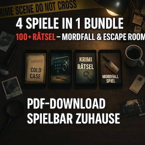 Puede incluir: Un paquete de descarga digital de cuatro juegos de escape room con temática criminal. El paquete incluye más de 100 rompecabezas y se puede jugar en casa. Los juegos se titulan "Cold Case", "Krimi Rätsel" y "Mordfall Spiel".