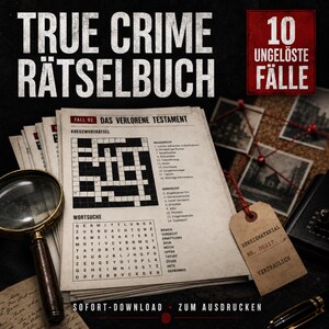 Könnte beinhalten: Ein True Crime Rätselbuch mit dem Titel 10 Ungelöste Fälle, bestehend aus einem Stapel Papier mit Kreuzworträtsel, Wortsuche und dem Text Fall 02 Das Verlorene Testament. Enthält eine Lupe und ein braunes Beweismaterial-Etikett mit der Nr. 00217.