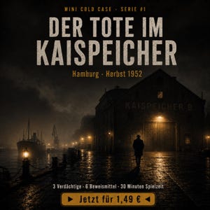 Könnte beinhalten: Ein Krimispiel mit dem Titel Mini Cold Case Serie #1 Der Tote im Kaispeicher Hamburg Herbst 1952. Das Bild zeigt eine dunkle, regnerische Hafenszene bei Nacht mit der Silhouette einer Person, die auf ein Lagerhaus namens Kaispeicher B zugeht.