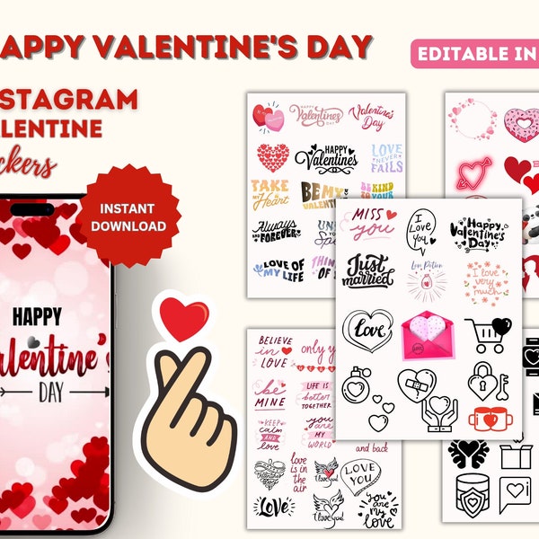 Valentine's Day Love Stickers for Instagram Story - Romantic Quotes, Heartwarming Symbols, Charming Embellishments - Digital Download