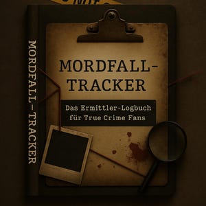 Könnte beinhalten: Ein braunes Buch mit einer schwarzen Klemmbrett auf dem Cover. Das Klemmbrett hat eine Lupe und ein Polaroid-Foto darauf. Der Titel des Buches lautet "Mordfall-Tracker" und der Text darunter lautet "Das Ermittler-Logbuch für True Crime Fans".