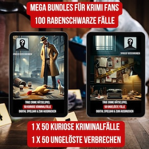 Könnte beinhalten: Zwei digitale Spielepakete für Krimi-Fans. Jedes Paket enthält 50 Krimi-Rätsel. Ein Paket bietet 50 kuriose Kriminalfälle und das andere 50 ungelöste Verbrechen. Der Text auf dem Bild lautet "Mega Bundles für Krimi Fans 100 Rabenschwarze Fälle".