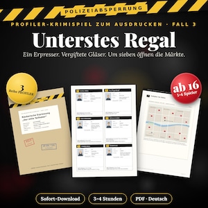 Könnte beinhalten: Ein ausdruckbares Krimispiel mit dem Titel Unterstes Regal, bestehend aus einer beigen Beweismappe, einem Blatt mit Verdächtigenprofilen und einem Stadtplan. Das Design enthält gelb-schwarze Absperrband-Grafiken, ein gelbes 3-Reihe PROFILER-Abzeichen und ein rotes ab 16-Abzeichen.