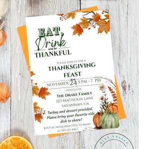 Thanksgiving Dinner Invitation Template, Digital Download, Printable Invitation, Pumpkins, Edit in Canva, Leaves, Instant Download