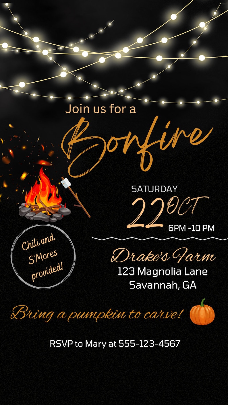 Bonfire Party Invitation Template, Digital Download, Printable