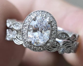 Anillo de moissanita ovalado de 1,25 ct, anillo de novia art déco, anillo de compromiso con halo ovalado, anillo de boda vintage con hojas y enredaderas, delicado anillo de novia.