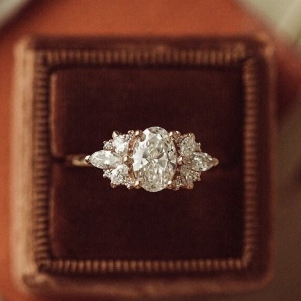 1.0 Ct Oval Cut Moissanite Engagement Ring, Oval Engagement Ring, Art Deco Vintage Ring, Unique Promise Ring, Floral Cluster Wedding Ring.