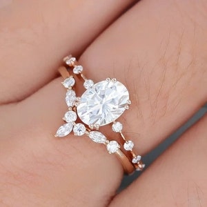 1.25 Ct Oval moissanite engagement ring set, Rose gold engagement ring, vintage engagement ring,Promise Anniversary gift,wedding Bridal ring