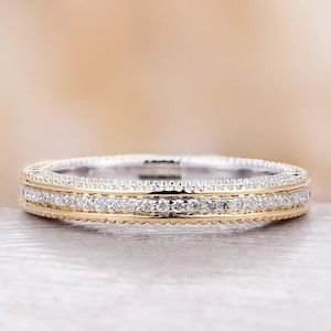 Art deco two tones wedding band, Vintage half eternity wedding ring, Anniversary ring, Art deco Milgrain matching stacking bridal ring.