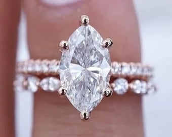 Anillo de compromiso nupcial de moissanita de corte marquesa de 1,50 quilates / Anillo de regalo de boda / Anillo de oro rosa macizo de 14 quilates / Anillo de propuesta para ella