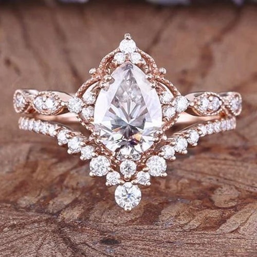 1.25 CT Pear Moissanite Engagement Ring Set Vintage Rose Gold - Etsy