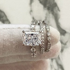 3.5 CT Radiant Moissanite Engagement Ring Set,  Hidden Halo Vintage Ring, Solitaire Anniversary Set, 14K White Gold Wedding Bridal Ring Set