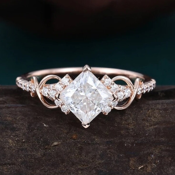 Princess cut Moissanite engagement ring Unique rose gold engagement ring dainty diamond bridal ring Twist ring promise ring anniversary gift