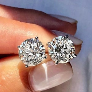 Round Cut Moissanite Earrings Stud/Real 14K White Gold Moissanite Stud/1ct+1ct earrings/Gemstone Studs/Classic 4 Prongs Round Earrings Studs