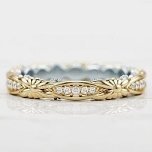Antique Flower Two Tone Band, Art Deco Diamond Wedding Band, Stacking Band, Vintage Band Eternity Band, Anniversary Ring, Gift, Antique Band