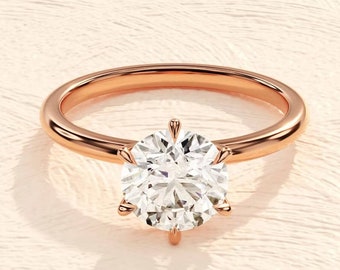 6-Prong Round Engagement Ring in 14k Solid Gold, 2.0 CT Round Moissanite Engagement Rings, Solitaire Moissanite Ring, Gold Promise Ring