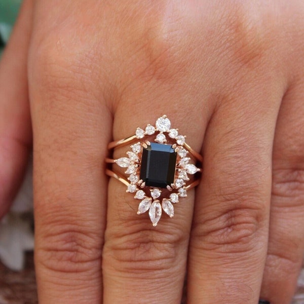 Art deco Wedding Bridal Ring Set, Black Onyx Engagement Ring Set, Emerald Cut Black Stone Ring Set, Engagement Ring Set, Gift For Her.