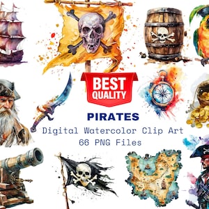 Piraten Clipart Aquarell Piraten Clipart Bundle, Piratenschiff Clipart, Schatz Clipart Pirat PNG transparenten Hintergrund, digitaler Download