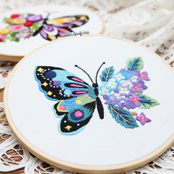 Blue Butterflies Slow Stitching Kit, Beginners Embroidery, Easy