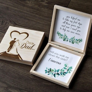 „Willst du mich zum Altar führen“, Karte mit dem Vorschlag für den Hochzeitsgang, Vater der Braut „Give Me Away“, „Führe mich zum Altar für Mama oder Papa“.