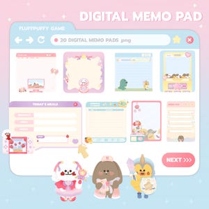 May include: Digital memo pad design in pastel colours. The image shows various memo pad templates, including a meal planner and schedule. The text "DIGITAL MEMO PAD" and "FLUFFPUFFY GAME" are visible. Cute cartoon characters are at the bottom.