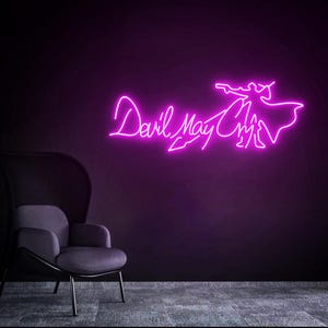 May include: A neon sign featuring the words "Devil May Cry" in a pink cursive font. The sign also includes a stylised image of a person in a cape, holding a sword.