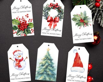 May include: Six white Christmas gift tags with watercolor designs. Each tag features "Merry Christmas" and a family name. Designs include holly, a wreath with a red bow, a snowman, a Christmas tree, and a Santa hat.