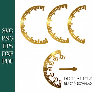 May include: Gold-colored digital file with speedometer and gauge designs. The image includes several semi-circular gauges with markings, a speedometer with numbers, and the text "DIGITAL FILE READY to DOWNLOAD". The file formats are SVG, PNG, EPS, DXF, and PDF.