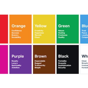 May include: A chart with 10 color squares, each with a color name and a list of associated words. The colors are red, orange, yellow, green, blue, pink, purple, brown, black, and white.