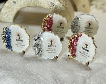 Benutzerdefinierte Taufe Gastgeschenke für Jungen und Mädchen, goldene Taufe Epoxy Magnet Favor, Taufbevorzugung, Mi Bautizo, personalisiertes Geschenk, Babypartybevorzugung